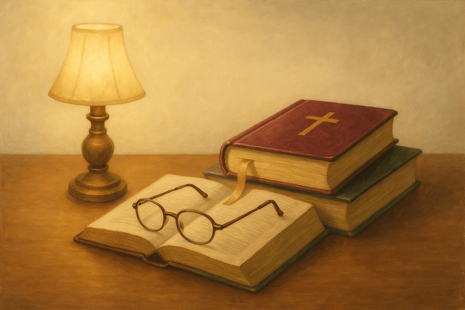Livros empilhados sobre uma escrivaninha, com óculos de leitura e uma luminária acesa