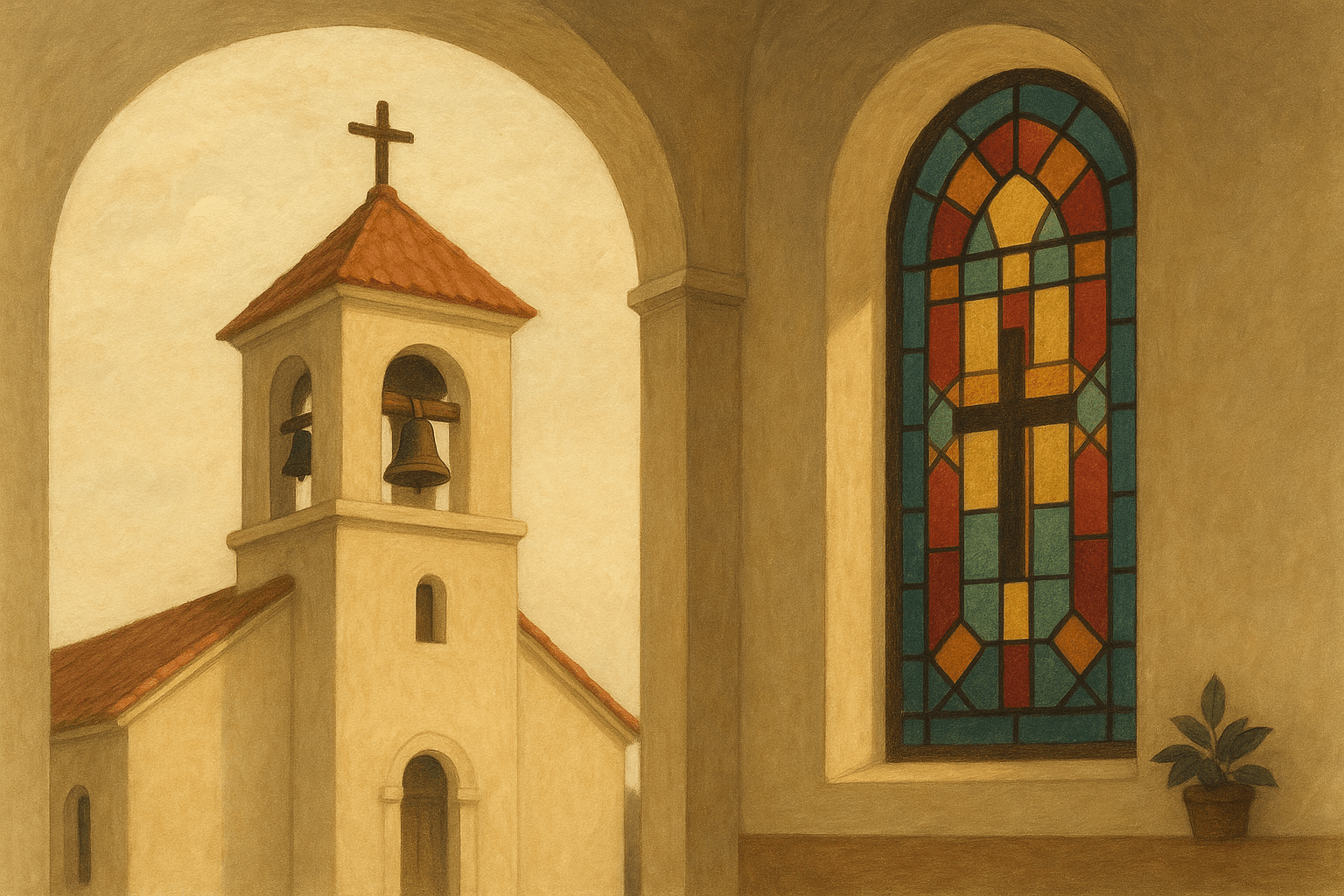 Campanário e vitral de uma igreja matriz brasileira, vistos em luz natural