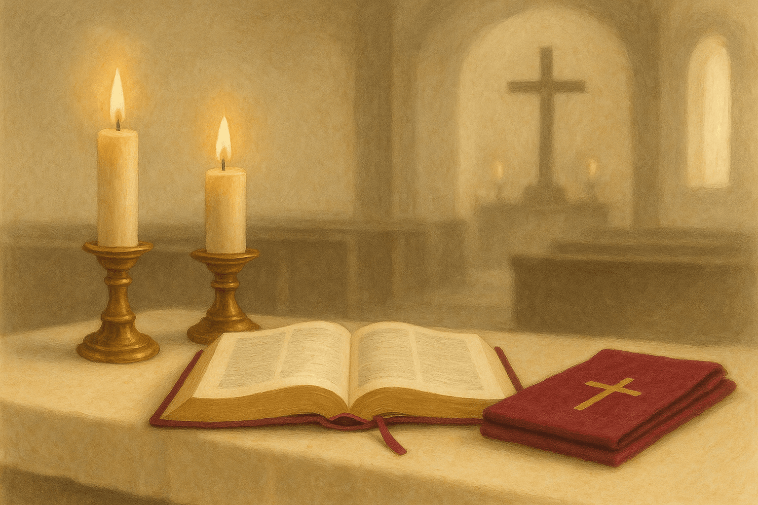 Velas acesas e um missal aberto sobre o altar, com a nave da igreja desfocada ao fundo