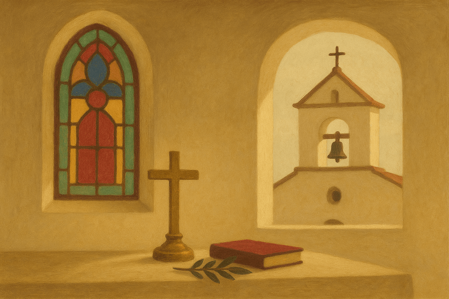 Campanário e vitral de uma igreja matriz brasileira, vistos em luz natural
